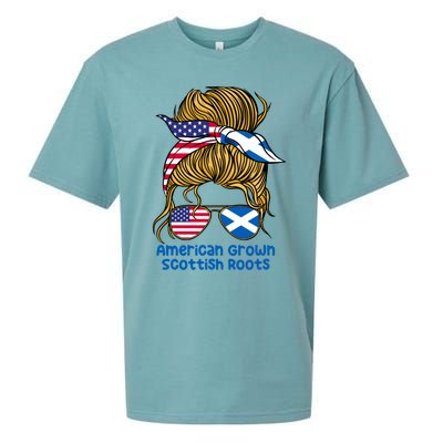 American Grown With Scottish Roots Messy Bun Gift Sueded Cloud Jersey T-Shirt