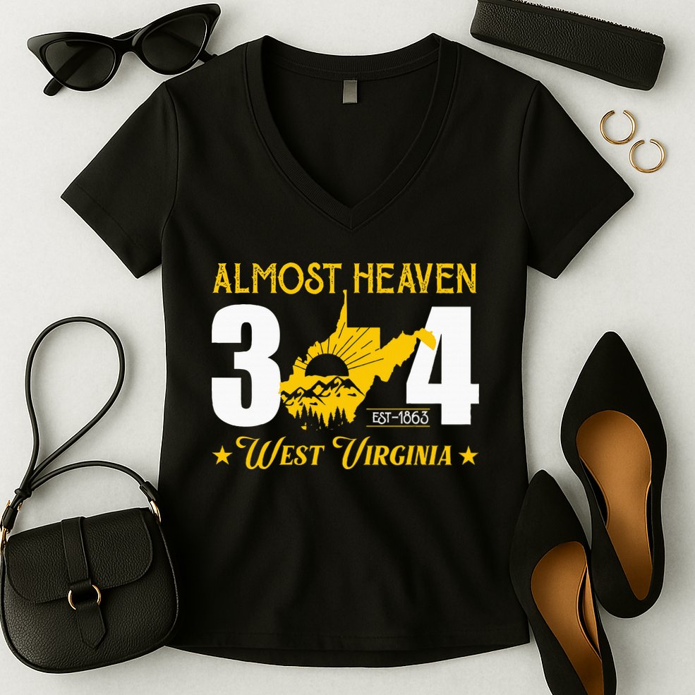 Almost Heaven 304 West Virginia Map Women's V-Neck T-Shirt