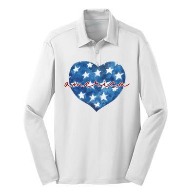 America Heart 4th Of July Cute Festive Silk Touch Performance Long Sleeve Polo