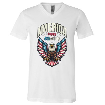 America Happy 4th Of July Patriotic Eagle V-Neck T-Shirt