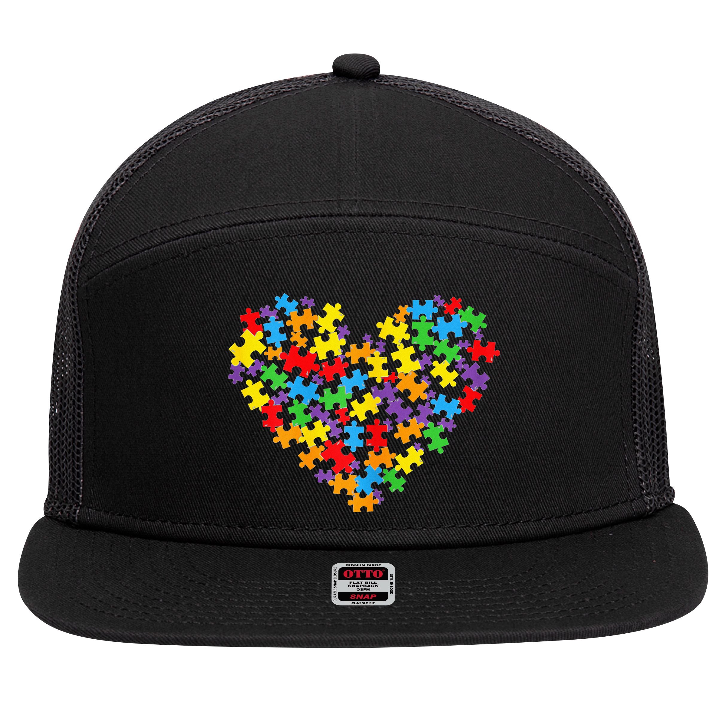 Autism Heart Autism puzzle proud Autism Mom 7 Panel Mesh Trucker Snapback Hat