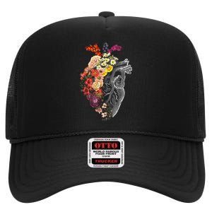 Anatomical Heart And Flowers Funny Nurse Gift For Graduation High Crown Mesh Back Trucker Hat