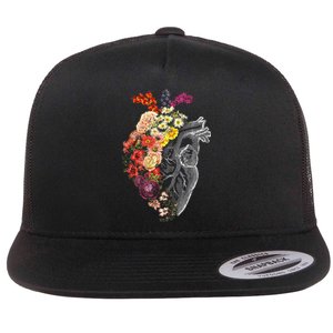 Anatomical Heart And Flowers Funny Nurse Gift For Graduation Flat Bill Trucker Hat