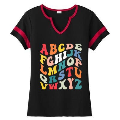 Alphabet Hi Back To School Abc Pre K Kindergarten Teacher Ladies Halftime Notch Neck Tee