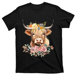 Adorable Highland Cow Calf with Festive Flowers T-Shirt