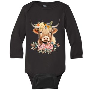 Adorable Highland Cow Calf with Festive Flowers Baby Long Sleeve Bodysuit