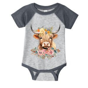 Adorable Highland Cow Calf with Festive Flowers Infant Baby Jersey Bodysuit