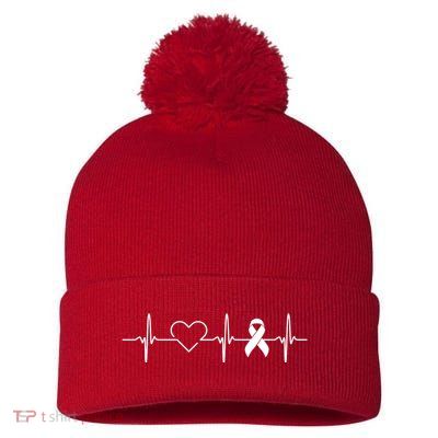 American Heart Disease Awareness Month Ribbon Go Red Heart Pom Pom 12in Knit Beanie