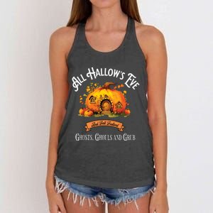 All Hallows Eve Ghosts Ghouls And Grub Halloween Women's Knotted Racerback Tank