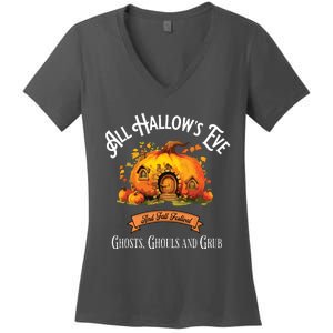 All Hallows Eve Ghosts Ghouls And Grub Halloween Women's V-Neck T-Shirt