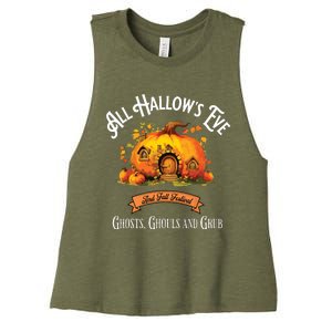 All Hallows Eve Ghosts Ghouls And Grub Halloween Women's Racerback Cropped Tank