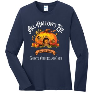 All Hallows Eve Ghosts Ghouls And Grub Halloween Ladies Long Sleeve Shirt