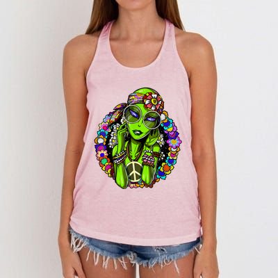 Alien Hippie Floral Peace Sign Flowers Women's Knotted Racerback Tank