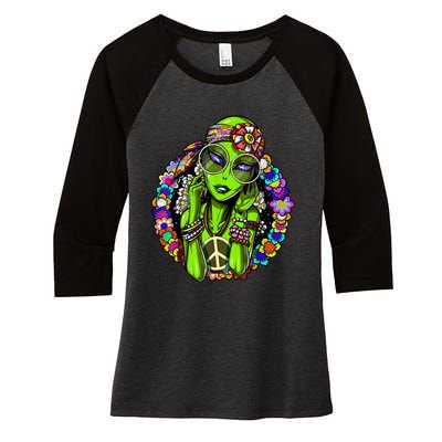 Alien Hippie Floral Peace Sign Flowers Women's Tri-Blend 3/4-Sleeve Raglan Shirt