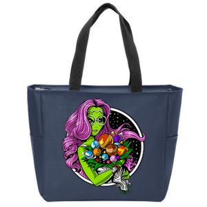 Alien Hippie Floral Peace Sign Flowers Zip Tote Bag