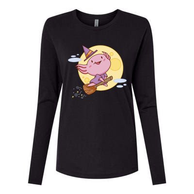 Axolotl Halloween Flying Witch Womens Cotton Relaxed Long Sleeve T-Shirt