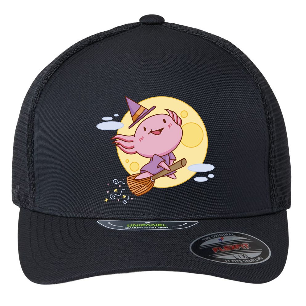 Axolotl Halloween Flying Witch Flexfit Unipanel Trucker Cap