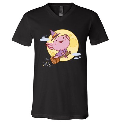 Axolotl Halloween Flying Witch V-Neck T-Shirt