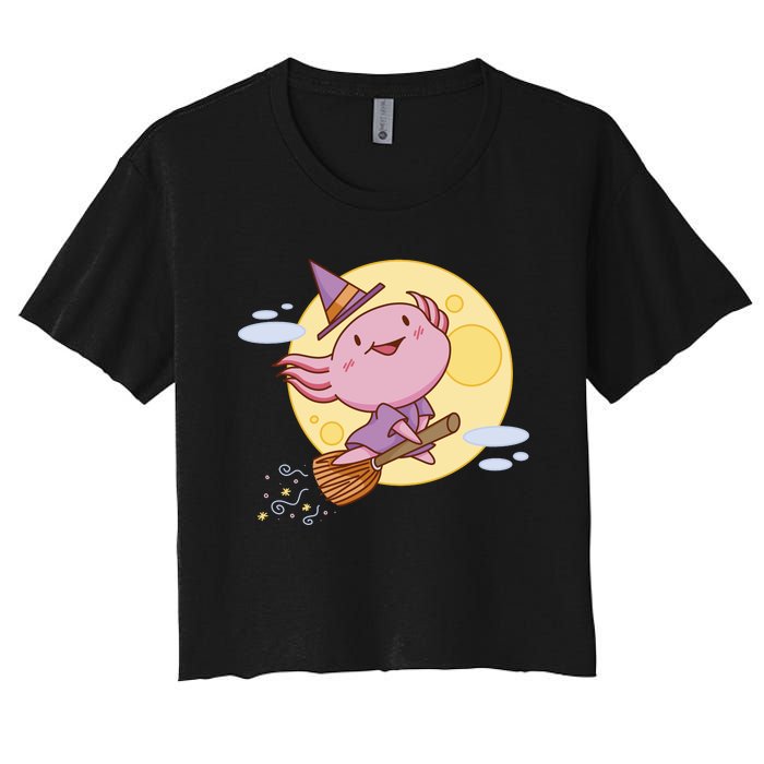 Axolotl Halloween Flying Witch Women's Crop Top Tee