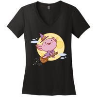 Axolotl Halloween Flying Witch Women's V-Neck T-Shirt