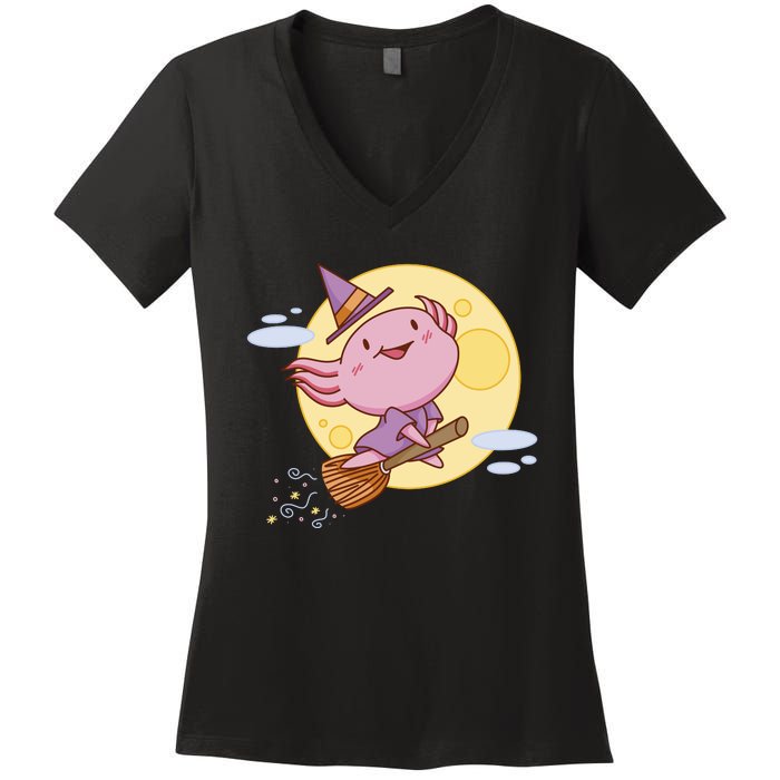 Axolotl Halloween Flying Witch Women's V-Neck T-Shirt