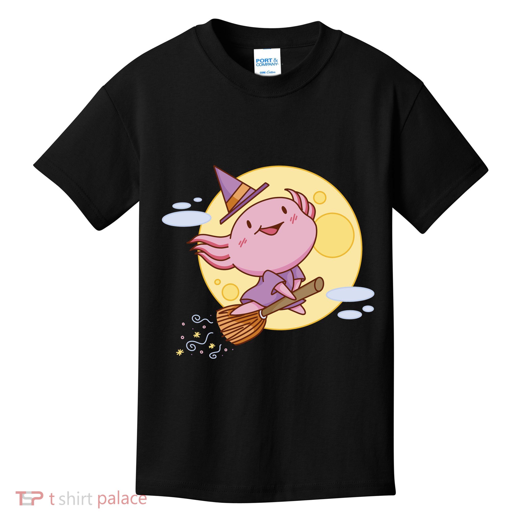Axolotl Halloween Flying Witch Kids T-Shirt