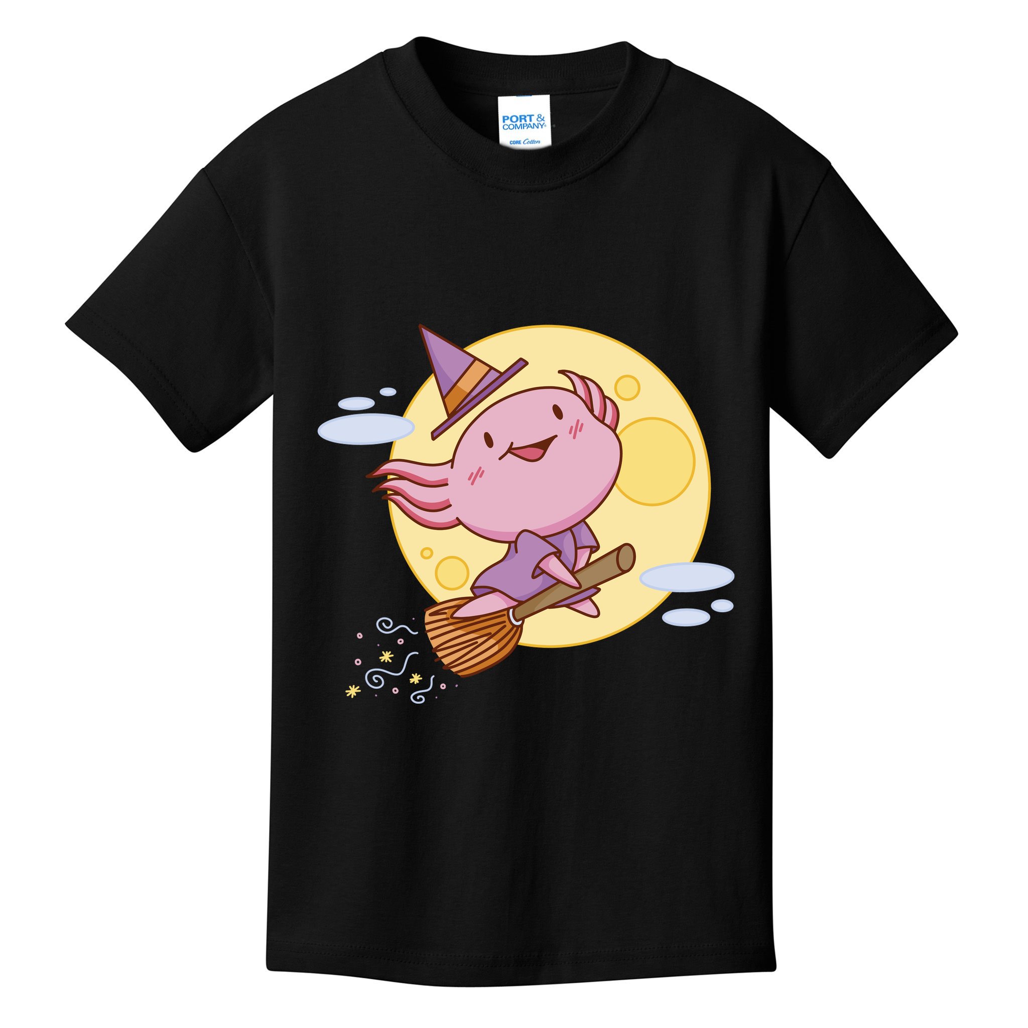 Axolotl Halloween Flying Witch Kids T-Shirt