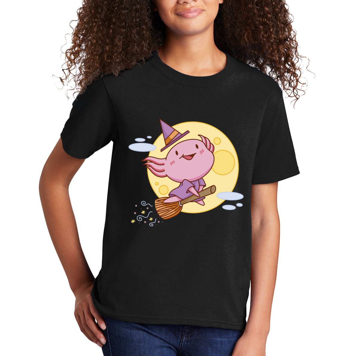 Axolotl Halloween Flying Witch Kids T-Shirt