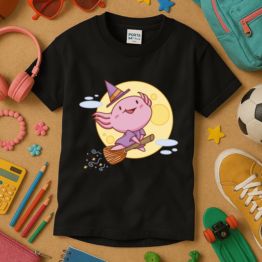 Axolotl Halloween Flying Witch Kids T-Shirt