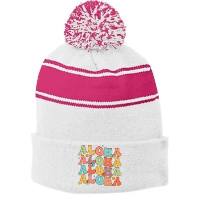 Aloha Hawaiian Flower Hawaii Vacation Stripe Pom Pom Beanie