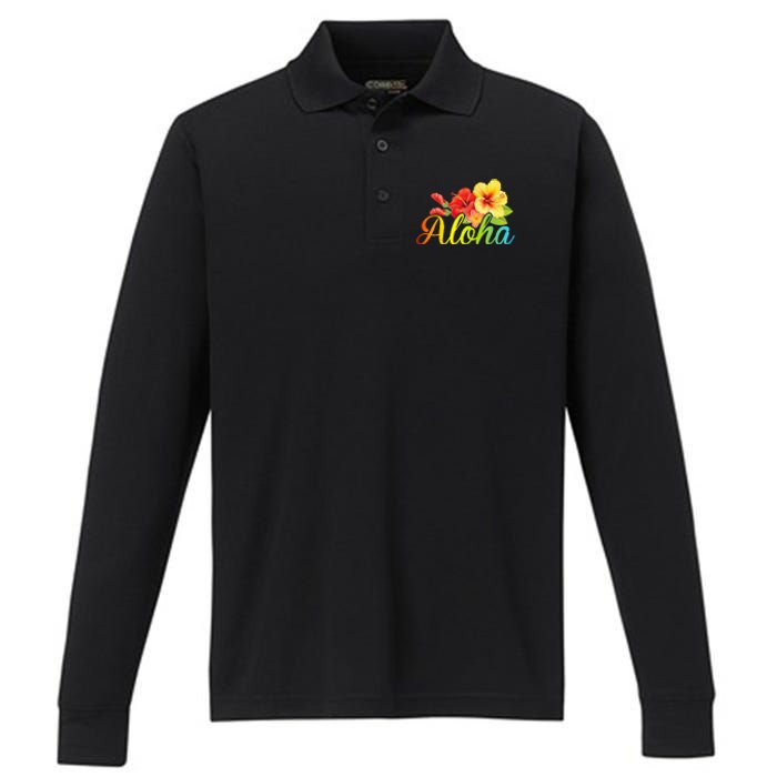 Aloha Hawaiian Flower Hawaii Vacation Performance Long Sleeve Polo