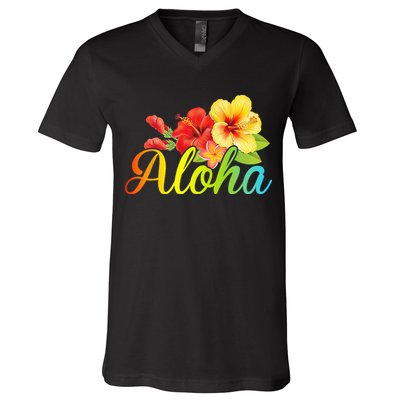 Aloha Hawaiian Flower Hawaii Vacation V-Neck T-Shirt