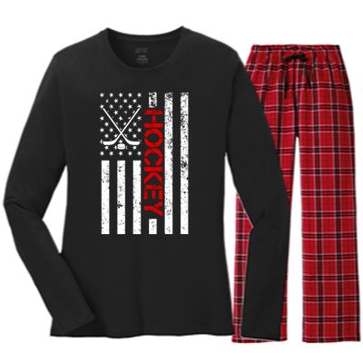 American Hockey Flag Vintage Women's Long Sleeve Flannel Pajama Set 