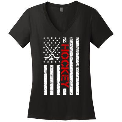 American Hockey Flag Vintage Women's V-Neck T-Shirt