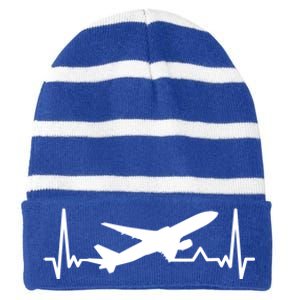 Airplane Heartbeat Gift For Pilots Travelers Jet Plane Cool Gift Striped Beanie with Solid Band