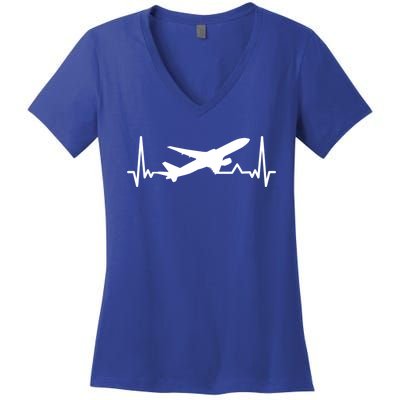 Airplane Heartbeat Gift For Pilots Travelers Jet Plane Cool Gift Women's V-Neck T-Shirt