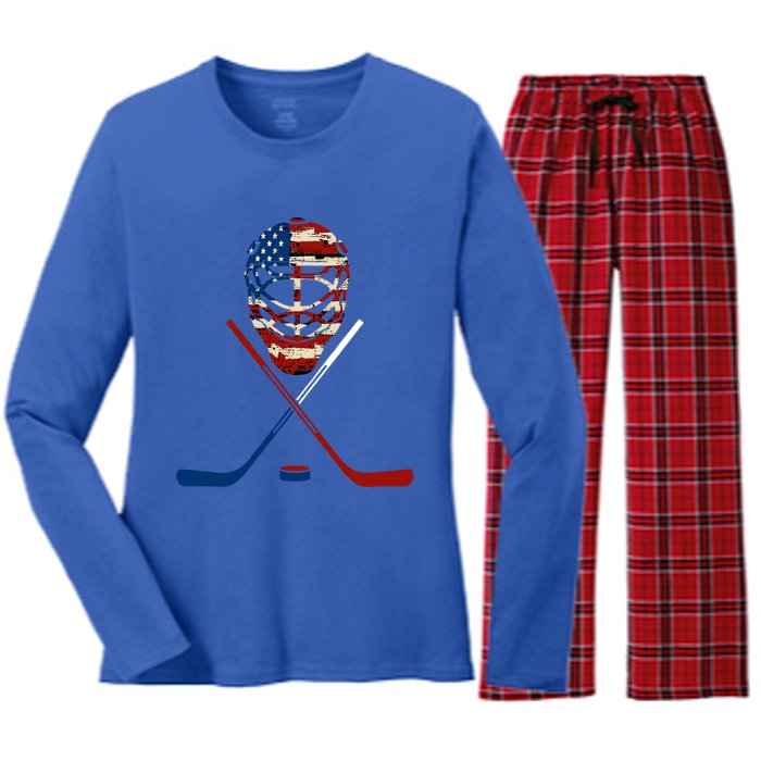 American Hockey Goalie Patriotic Hockey Player Keeper Funny Gift Cute Gift Women's Long Sleeve Flannel Pajama Set 