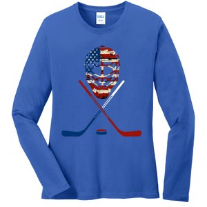 American Hockey Goalie Patriotic Hockey Player Keeper Funny Gift Cute Gift Ladies Long Sleeve Shirt