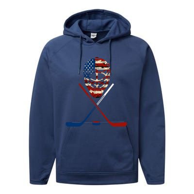 American Hockey Goalie Patriotic Hockey Player Keeper Funny Gift Cute Gift Performance Fleece Hoodie