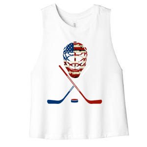 American Hockey Goalie Patriotic Hockey Player Keeper Funny Gift Cute Gift Women's Racerback Cropped Tank