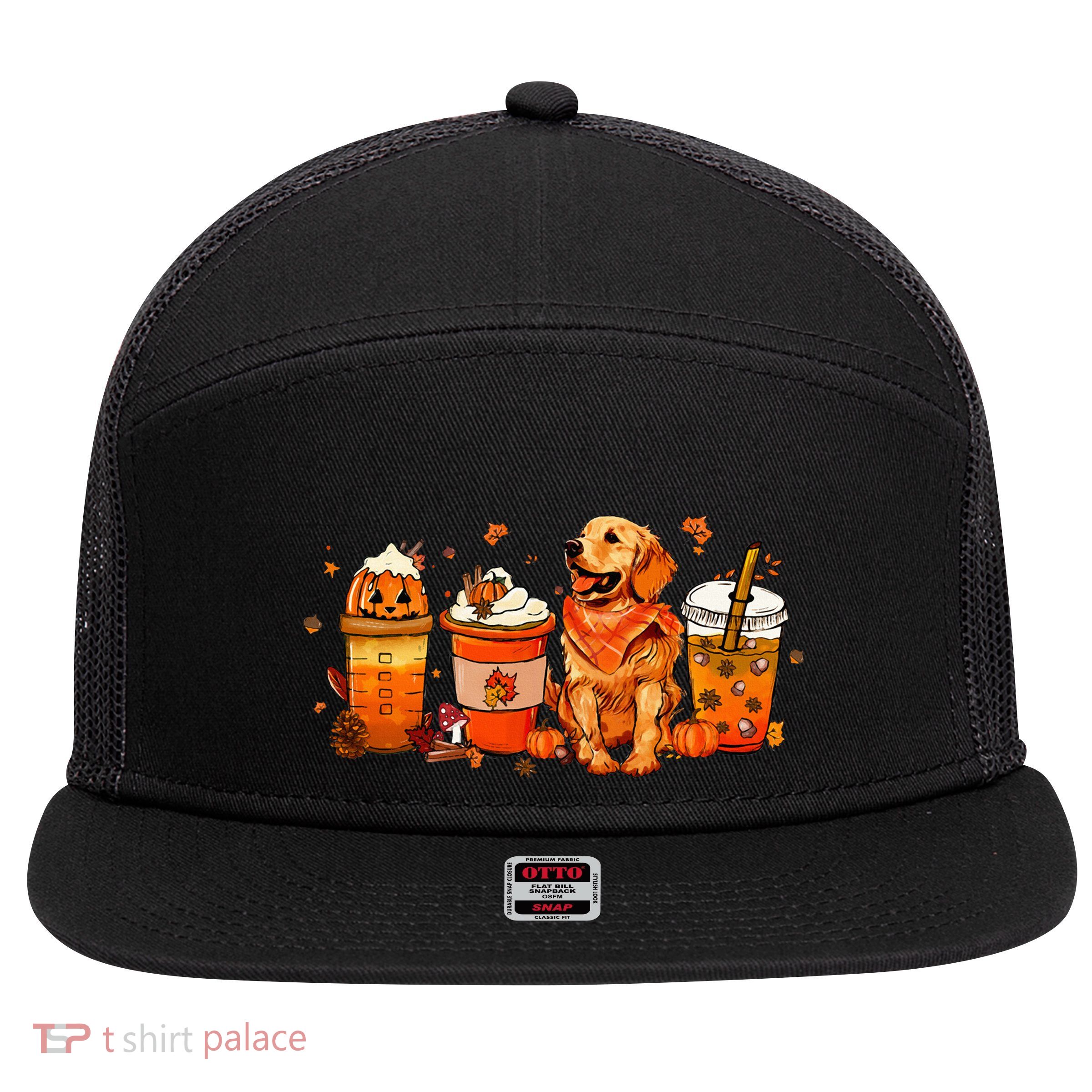Autumn Harvest Golden Retriever Coffee Mug for Thanksgiving 7 Panel Mesh Trucker Snapback Hat