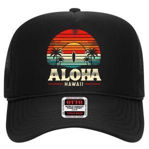 Aloha Hawaii Hawaiian Island Palm Beach Surfboard Surf High Crown Mesh Back Trucker Hat