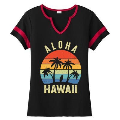 Aloha Hawaii Hawaiian Island Palm Beach Surfboard Surf Ladies Halftime Notch Neck Tee