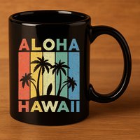 Aloha Hawaii Hawaiian Island Palm Beach Surfboard Surf 11oz C Handle Ceramic Mug