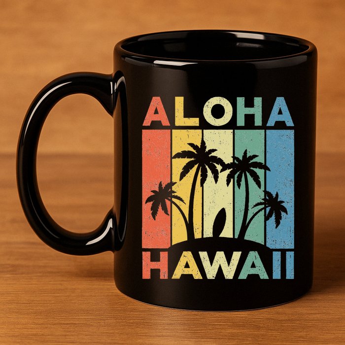 Aloha Hawaii Hawaiian Island Palm Beach Surfboard Surf 11oz C Handle Ceramic Mug