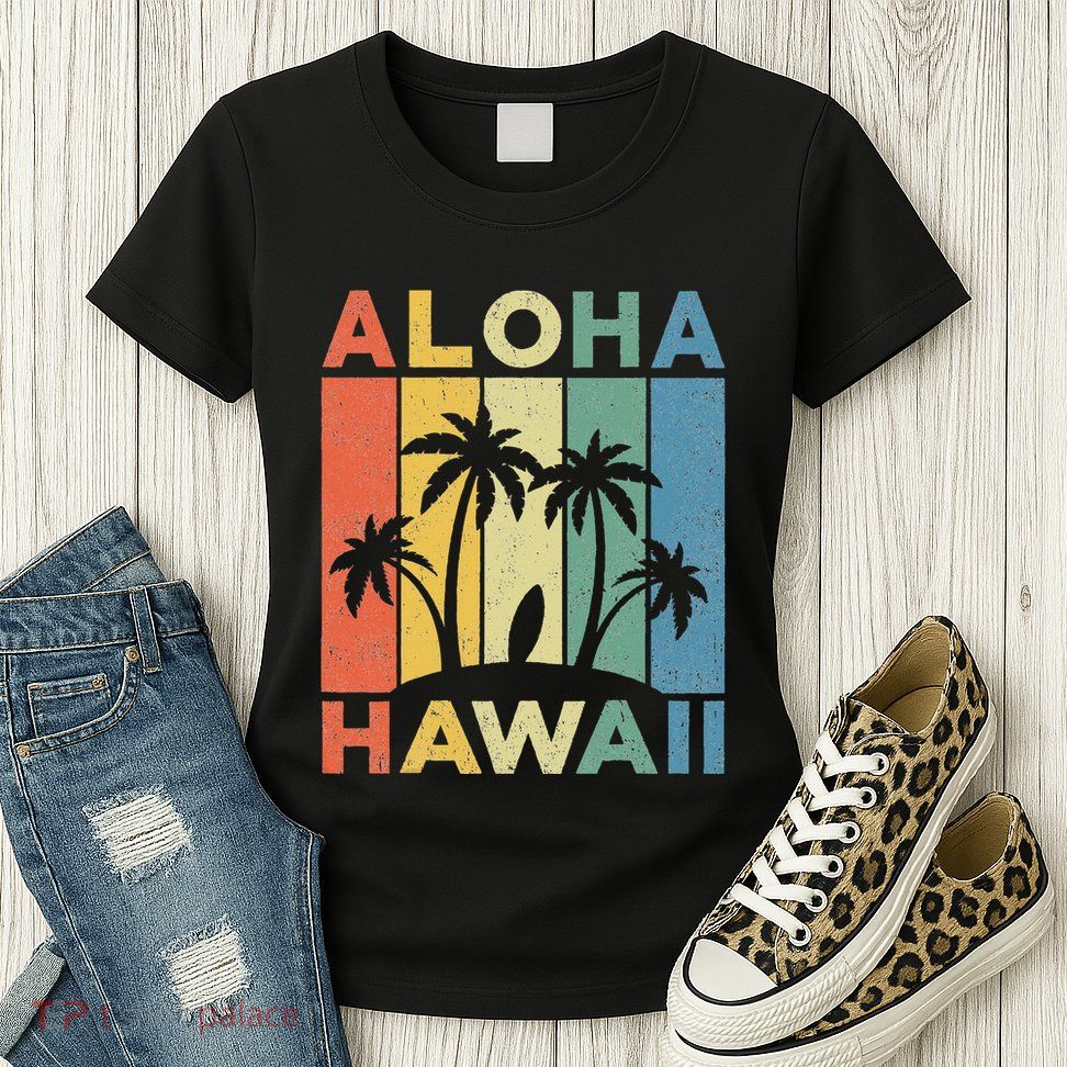 Aloha Hawaii Hawaiian Island Palm Beach Surfboard Surf Womens T-Shirt