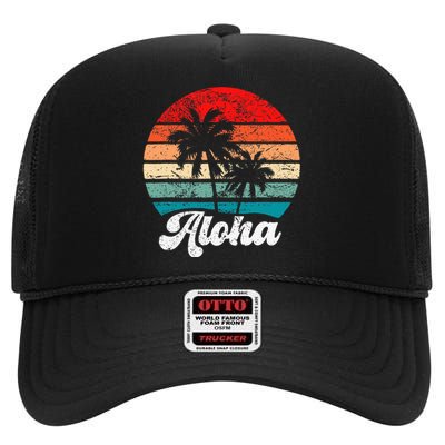 Aloha Hawaii Hawaiian Island Palm Tree Beach Retro 70s 80s High Crown Mesh Back Trucker Hat