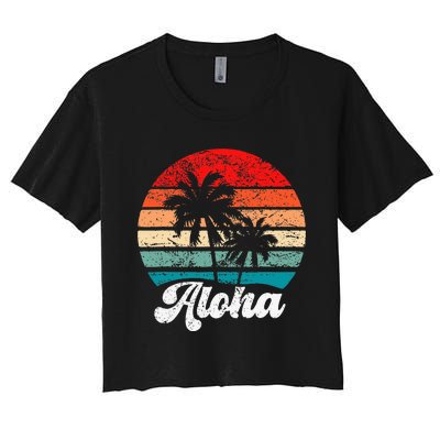 Aloha Hawaii Hawaiian Island Palm Tree Beach Retro 70s 80s Women's Crop Top Tee