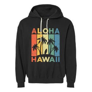 Aloha Hawaii Hawaiian Island Palm Beach Surfboard Surf Garment-Dyed Fleece Hoodie