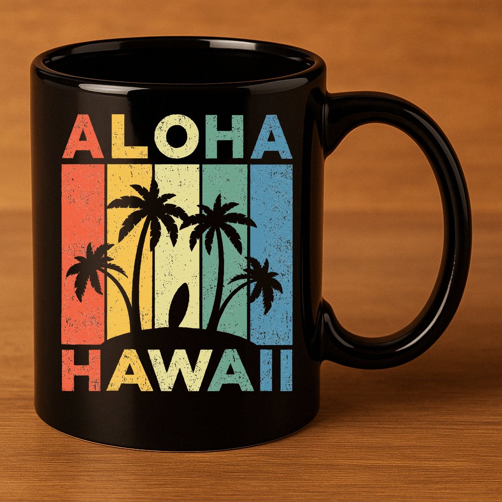 Aloha Hawaii Hawaiian Island Palm Beach Surfboard Surf 11oz C Handle Ceramic Mug